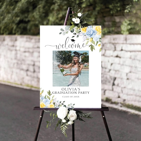 Blue and Yellow Floral Graduation Party Welcome Sign, Graduation Decorations, Greenery Grad Party with photo Sign, Eucalyptus, Bohemian, BY1