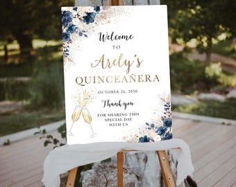 Navy & Rose Quinceañera Welcome Sign: Floral Decor (Digital Printable)