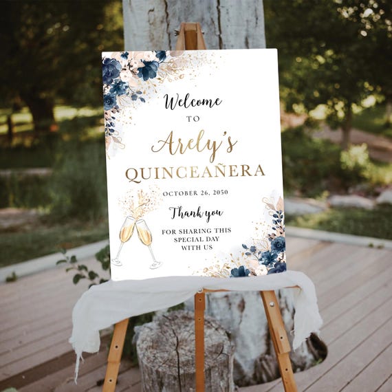 Navy blue dusty rose Quinceañera Welcome Sign, Quinceanera Decor, Sweet 15 Birthday Sign, Quince Anos, Sweet 16 sign, Mis Quince Anos, NB2