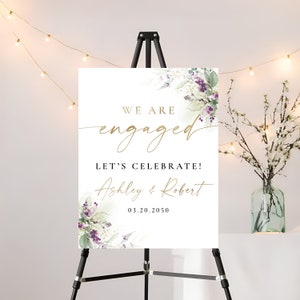 Greenery Purple We are engaged Sign, Lilac Engagement Party Sign, Green Lavender Engagement Party Decor, Wedding Welcome Sign, Poster, GPU