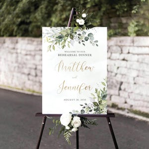 Letrero de bienvenida para la cena de ensayo con vegetación, letrero de boda con foto, letrero botánico para la cena de ensayo de boda, decoraciones para bodas, eucalipto, HB2