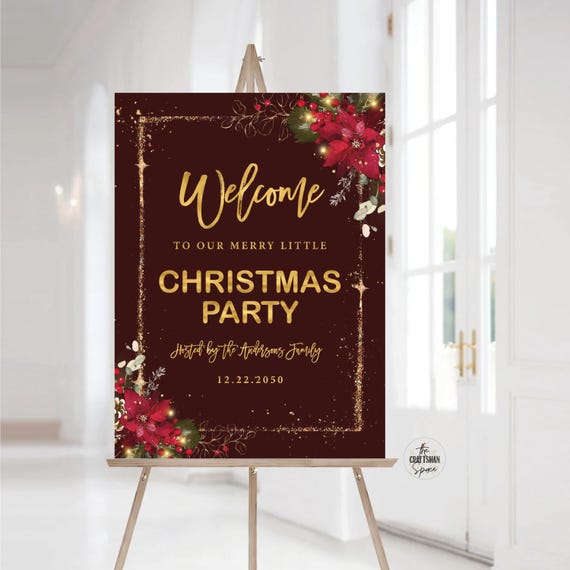 Christmas Party Welcome Sign, Christmas Welcome Poster, Printable Christmas Welcome Sign, Holiday Welcome Sign, Poinsettia and Lights, CRM2
