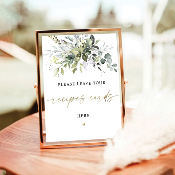 Greenery Recipe Card Sign, Place Recipe Card Here Sign, Recipe Box Sign, Baby Shower Sign, Bridal Shower Sign, Eucalyptus, Herbal, HB2
