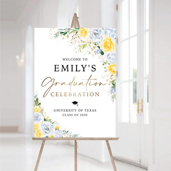 Blue and Yellow Floral Graduation Party Welcome Sign, Graduation Decor, Greenery Grad Party Sign, Modern Grad Sign, Eucalyptus, Bohemian,BY2