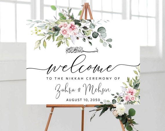 Blush greenery Nikkah Wedding Welcome sign, Nikkah sign, Nikkah Ceremony Decorations, Islamic marriage ceremony, Nikkah Ceremony Decor, BG1