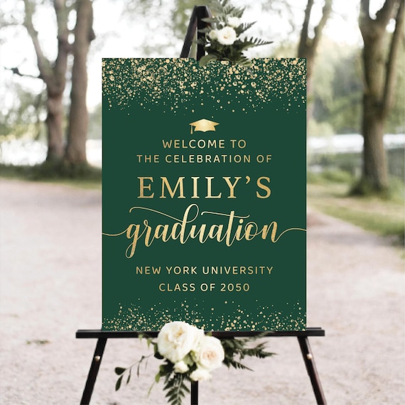 Green Golden Graduation Party Welcome Sign, Gold Glitter Graduation Decoration, Modern Graduation with photo Party Banner, Grad Party Poster