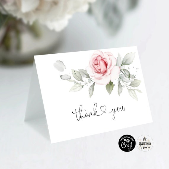 Blush pink roses Wedding Thank you Card, Folded Thank you Card, 100% Editable, Digital File, Corjl, Blush pink roses