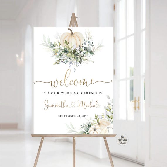 Pumpkin and Greenery Wedding Welcome Sign, Autumn Wedding Sign, Winter Wedding Rehearsal , Fall in love Wedding Decorations, Eucalyptus, GP1