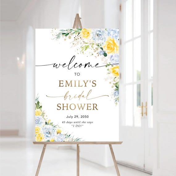 Blue Yellow Floral Bridal Shower Welcome Sign Template, Printable Modern Wedding Shower Decoration, Boho Floral Editable Bridal Brunch Sign