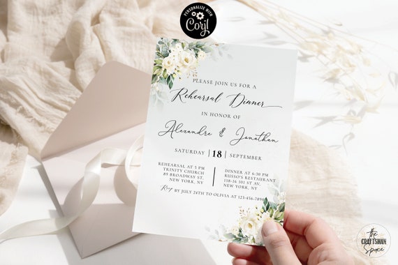 White roses Rehearsal dinner Invitation, The night before invite, Wedding rehearsal invite, Corjl, 100% Editable, Cream roses, WR3