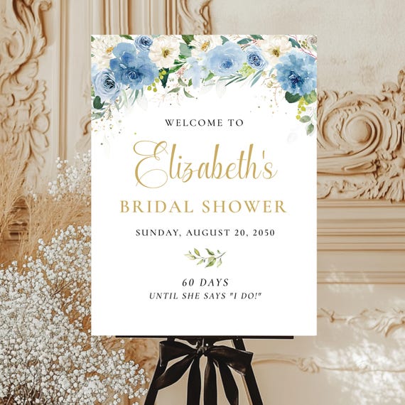 Floral Bridal Shower Welcome Sign, Dusty Blue and White Flowers, Botanical (Digital Printable)