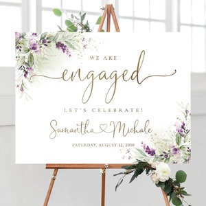 Greenery Purple We are engaged Sign, Lilac Engagement Party Sign, Green Lavender Engagement Party Decor, Wedding Welcome Sign, Poster, GPU
