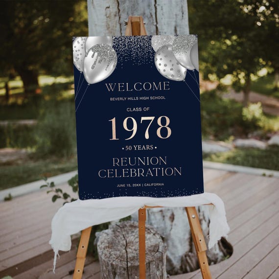 Modern Class Reunion Welcome Sign, Any class any year Reunion Welcome Sign, Printable 50 year High School Reunion, Siver Balloons & Confetti