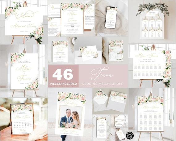 TIANA Blush Pink Roses Wedding Mega Bundle, Wedding Invites Mega Bundle, 46 Pieces, Wedding Invitation Template, Printable, Soft Pink, EB1