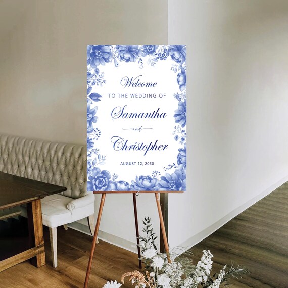 Blue Porcelain Wedding Welcome Sign, Floral Chinoiserie Wedding Rehearsal Decor, Vintage Porcelain Wedding Sign, Delft Blue Wedding, BP5