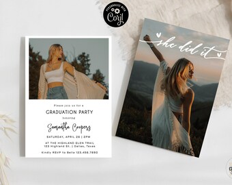 Invitación fotográfica para fiesta de graduación: Anuncio minimalista moderno, editable (descarga digital)