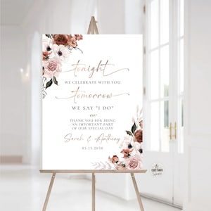 Silk Floral Rehearsal Dinner Sign, One Day Away Welcome Sign, The night before Sign, Wedding Decoration, Bohemian, Printable, Poster, SFL1