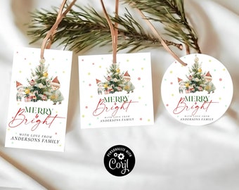 May include: Three white gift tags with a Christmas theme. Each tag features a watercolor illustration of two gnomes standing by a Christmas tree with presents. The text on the tags reads "Merry & Bright" with the words "With Love From" and the name of a family.