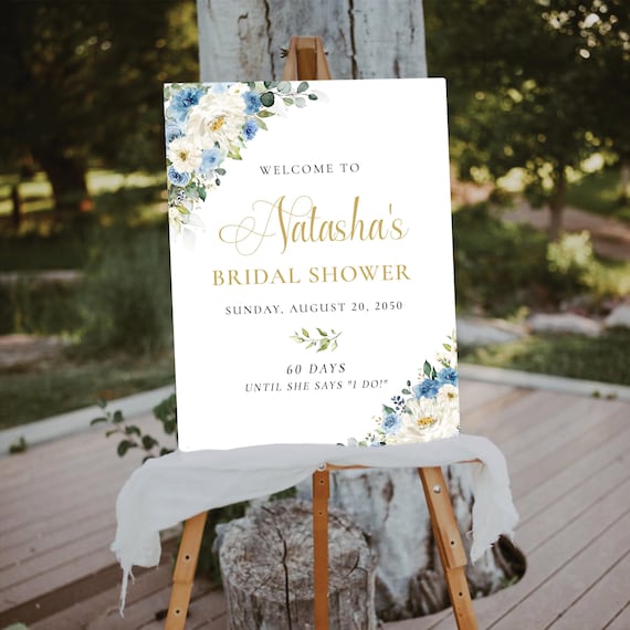 Dusty Blue Bridal Shower Welcome Sign, White Flowers, Botanical (Digital Printable)