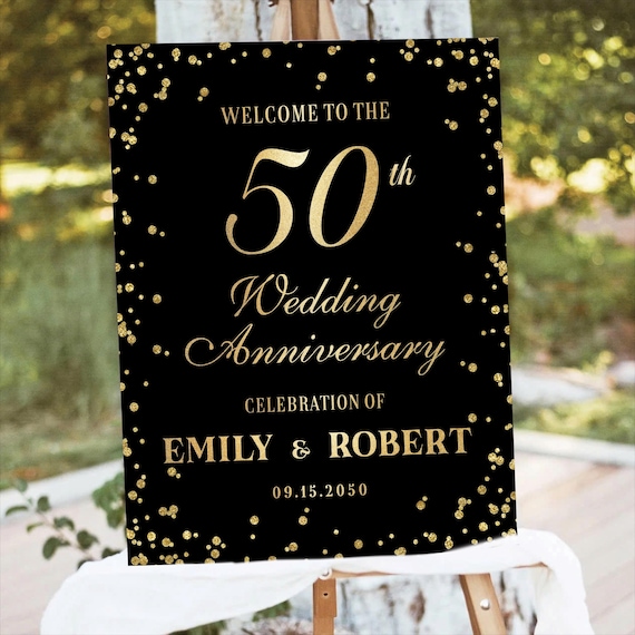 Modern 50th Wedding Anniversary Welcome Sign, Black and Gold, Confetti Decor (Digital Printable)