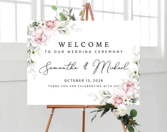 Blush pink Wedding Welcome Sign, Botanicals Wedding Rehearsal Dinner Sign, Rustic Digital Wedding Sign, Eucalyptus, Herbal Wedding Sign, A2