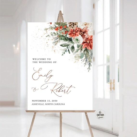 Winter wedding Welcome Sign, Christmas wedding decor, Boho red floral greenery pinecone Wedding sign, Winter wedding sign, Poinsettia, GP1