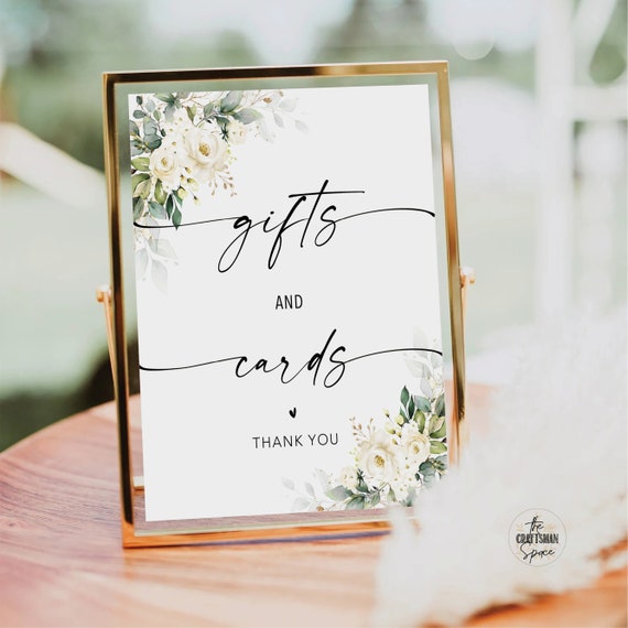 White roses Cards and Gifts Sign, Minimalist Wedding Sign, Wedding Gifts Sign, Baby Shower Gift Sign, Bridal Shower Gift Sign, WR3