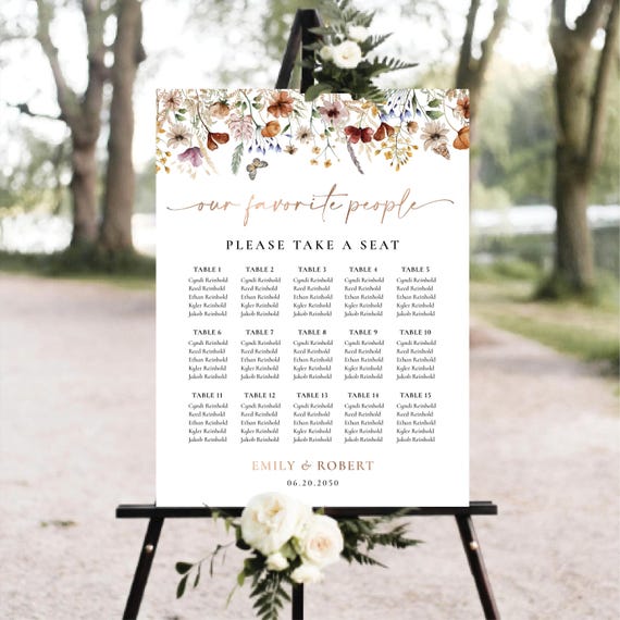 Floral Wedding Seating Chart, Printable Boho Wedding Seating Plan, Find Your Seat, Rustic Wildflower Wedding Table Plan, Digital file, TIY