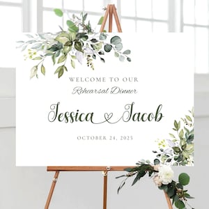 Cena de ensayo de boda, letrero de boda con vegetación, letrero de cena de ensayo, la noche anterior, decoraciones de boda, eucalipto, póster