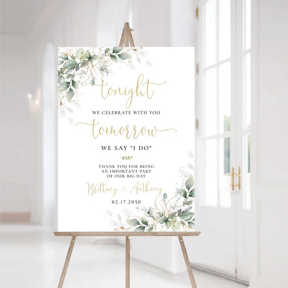 Greenery Rehearsal Dinner Welcome Sign, Faux Gold, Botanical Wedding (Printed or Digital File Available)