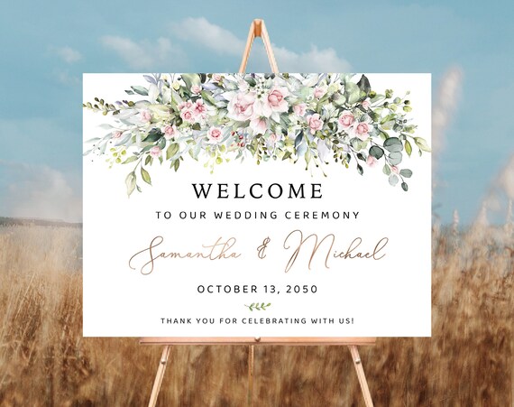 Greenery with blush pink Wedding Welcome Sign, Rustic Welcome Sign, Digital Wedding Welcome Sign, Greenery Wedding Sign, Greenery decor, BG2