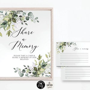 Greenery Funeral Share a Memory Sign & Cards, Share A Memory Set Template, Women, Obituary Template, Corjl, 100% Editable, HB2