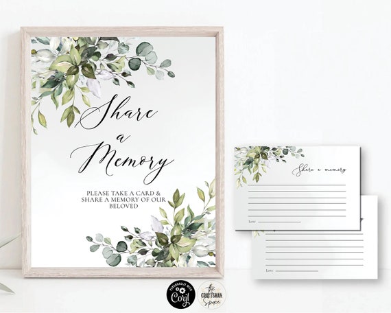 Greenery Funeral Share a Memory Sign & Cards, Share A Memory Set Template, Women, Obituary Template, Corjl, 100% Editable, HB2