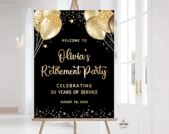 Minimalist Retirement Party Welcome Sign: Gold Balloons and Confetti (Digital Printable)