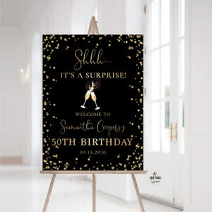 50. Geburtstag Willkommensschild, 60. Geburtstag Partyschild, 70. Geburtstagsfeier Zeichen, Luftballons Geburtstagsschild, Schwarz und Gold Geburtstagsschild