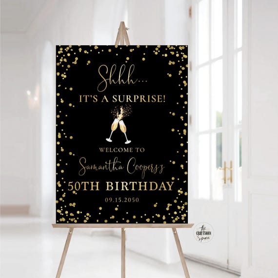 50th Birthday Welcome Sign, 60th Birthday Party Sign, 70th Birthday Celebration Sign, Balloons Birthday Sign, Black and Gold Birthday Sign