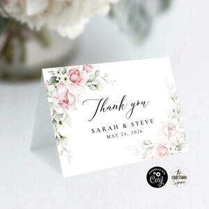 Blush rosa Rosen Hochzeit Danke Karte, Klappkarte, 100% editierbar, Digitale Datei, Corjl, blush rosa Rosen, A2