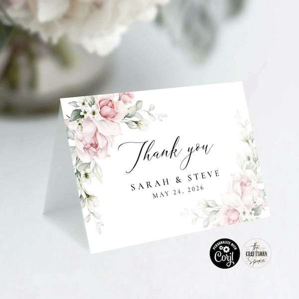 Blush pink roses Wedding Thank you Card, Folded Thank you Card, 100% Editable, Digital File, Corjl, Blush pink roses, A2