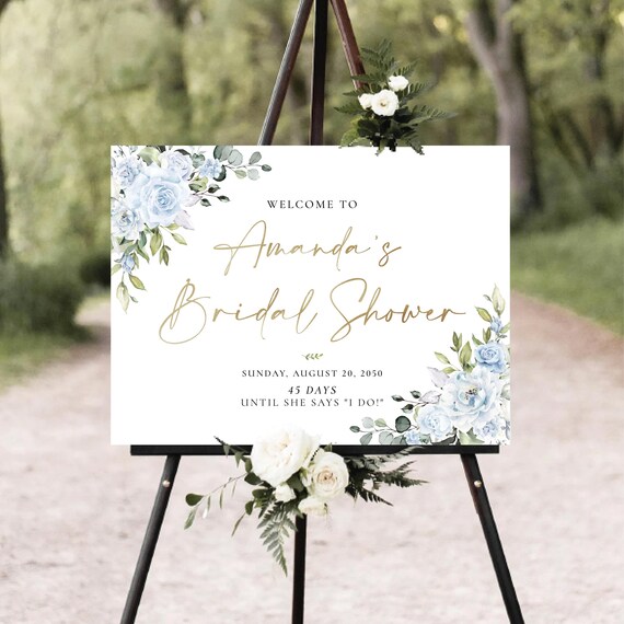 PRINTED OR DIGITAL Bridal Shower Welcome Sign with Light Blue Flowers, Faux Gold, Foam Board, Poster, Rustic Botanical Bridal Shower Signage