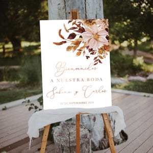 Herfst herfst Bienvenidos Sign a Nuestra Boda, Cartel Bienvenidos Boda, bruiloftsdecor, rustiek trouwbord, droge bladeren bruiloft, boho, AG1