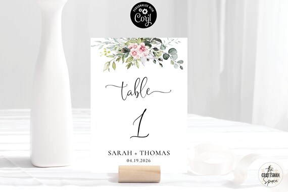 Greenery Wedding Table Number Template, Elegant Table Numbers Printable, Printable Wedding Table Card, Blush pink roses, Eucalyptus, BG1