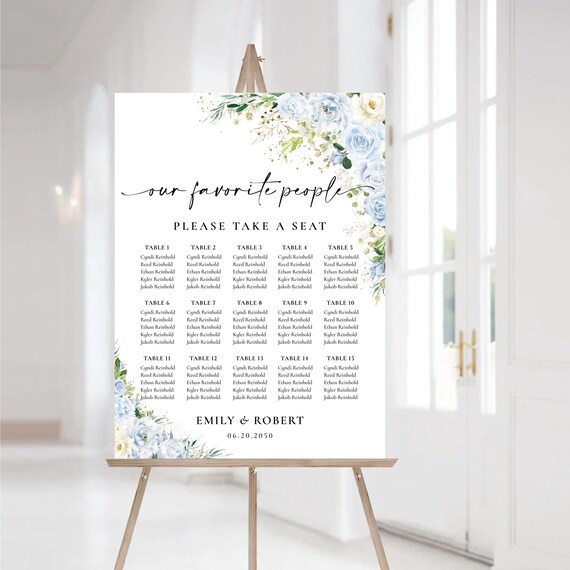 Blue Floral Wedding Table Seating Chart, Printable Greenery Wedding Table Plan, Botanical Wedding Seating Plan, Find Your Seat, Digital file