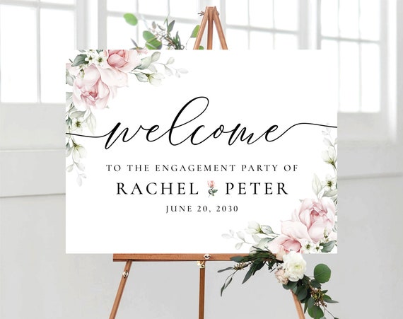 Blush pink roses Engagement party Welcome Sign, Greenery Engagement Party Decor, We are engaged, Bohemian, Eucalyptus, Decoration, A2