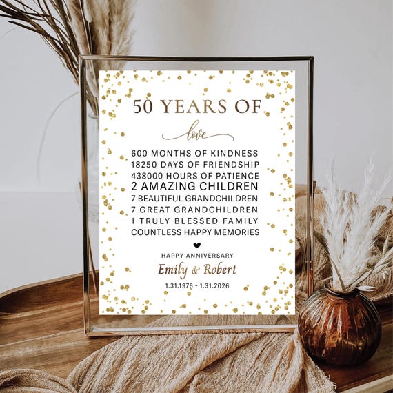 Minimalist 50 Years of Love Sign, 50th Wedding Anniversary Poster, Gold Confetti (Digital Printable)
