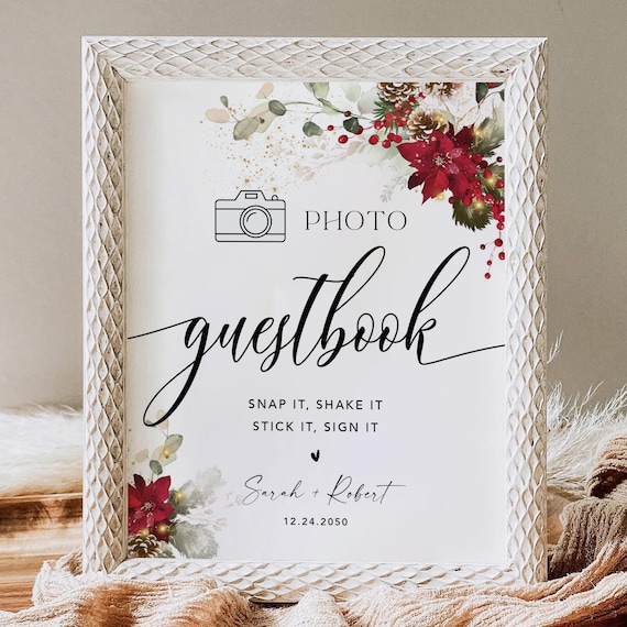 Christmas Photo Guestbook Sign, Red Poinsettia Wedding Sign (Digital Printable)