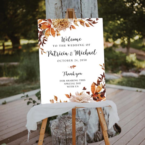 Fall Autumn Wedding Welcome Sign, Fall in love Wedding Sign, Fall Wedding Decoration, Rustic wedding sign, Dry leaves wedding, Bohemian, AG1