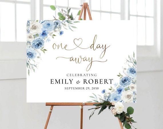 Dusty Blue Floral Rehearsal Dinner Welcome Sign, Ivory Flowers Wedding (Digital File, DB1)