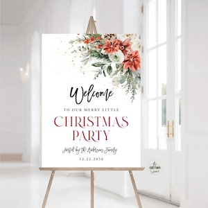 Christmas Party Welcome Sign, Christmas Party Poster, Christmas Welcome Sign, Holiday Decorations, Boho red floral greenery pinecone, GP1
