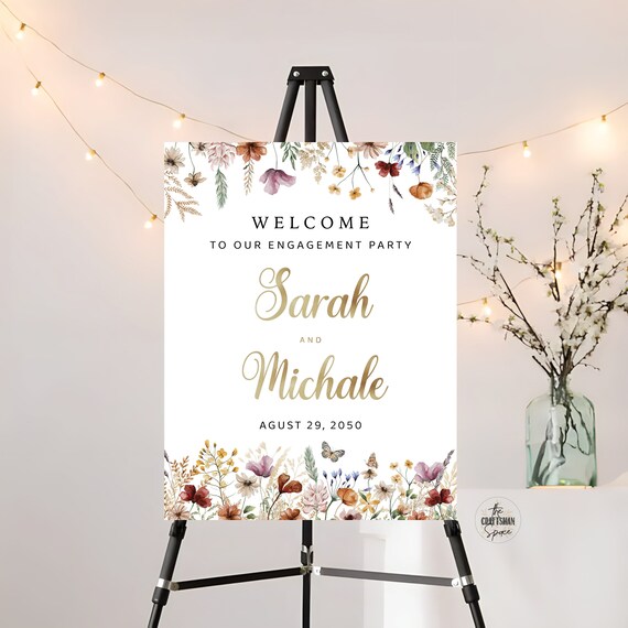 Tiny Floral We are engaged Welcome Sign, Wildflowers Engagement Party Sign, Engagement Party Decorations, Wedding Welcome Sign, Poster, TIY