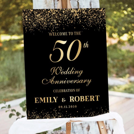 Minimalist 50th Wedding Anniversary Welcome Sign, Gold Confetti (Digital Printable)